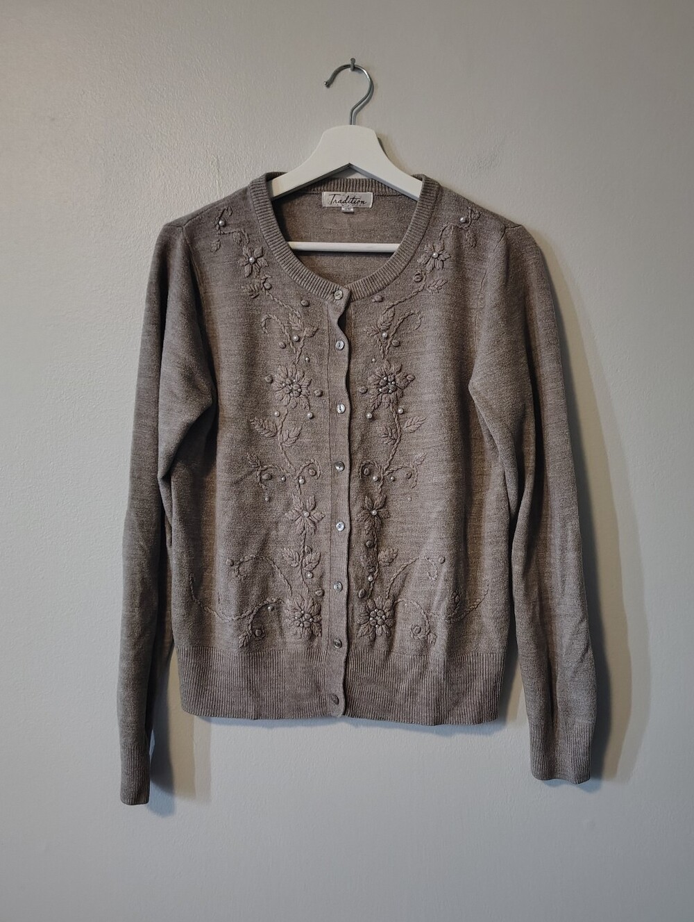 Tradition Greige Embroidery and Pearl Cardigan